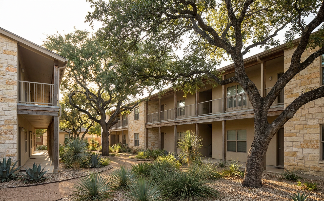 Low-rise rental property with limestone accents and mature live oaks in the San Antonio region.