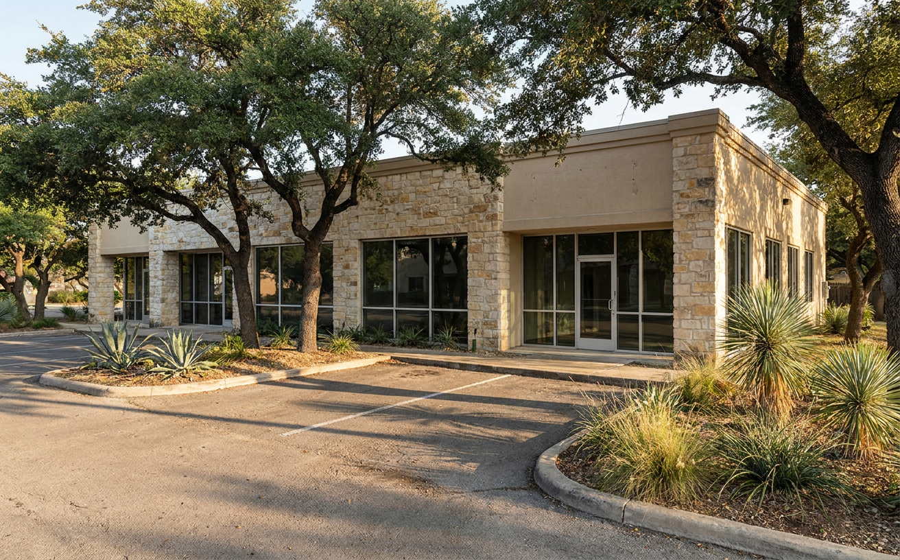 Limestone commercial buildings with storefront windows and parking in a San Antonio-area setting.