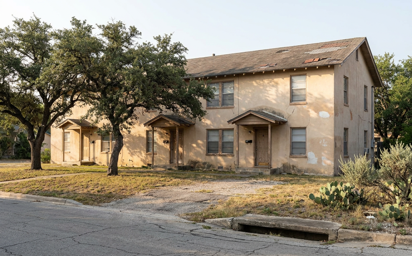 Older San Antonio fourplex with modest stucco exteriors, shaded walkways, and visible exterior maintenance needs.