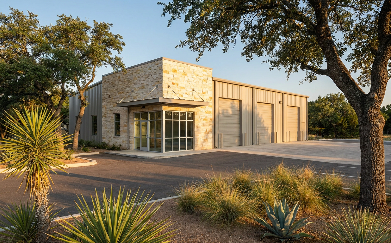 Small limestone-and-metal commercial flex building with service bays, parking, and native landscaping in the San Antonio region.